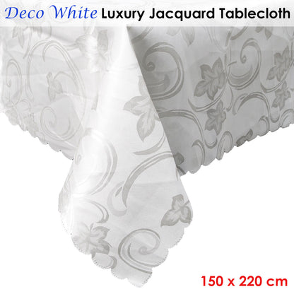 Deco White Luxury Jacquard Tablecloth 150 x 220 cm - Floral, Stain Resistant
