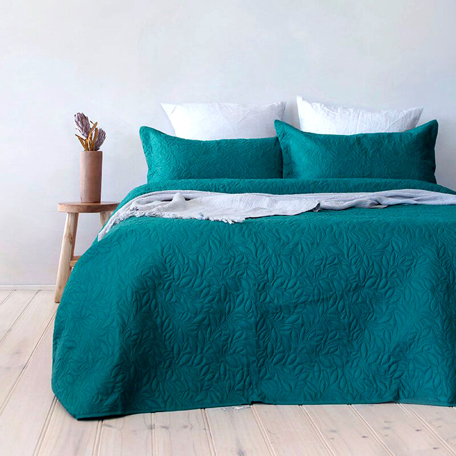 Bambury Botanica Embossed Leaf Coverlet Set Queen/King - Teal, Machine Washable - SuperSaverAU - view 1