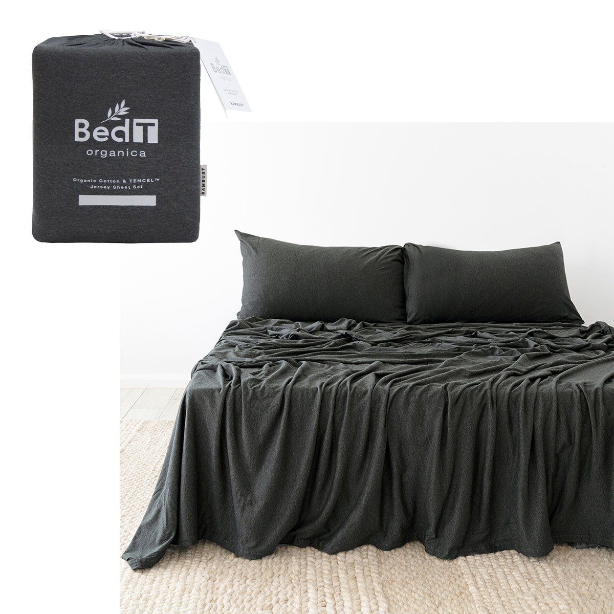 BedT Organica Jersey Cotton-Blend Sheet Set Charcoal Queen - 70% Organic Cotton, Breathable - SuperSaverAU - view 1