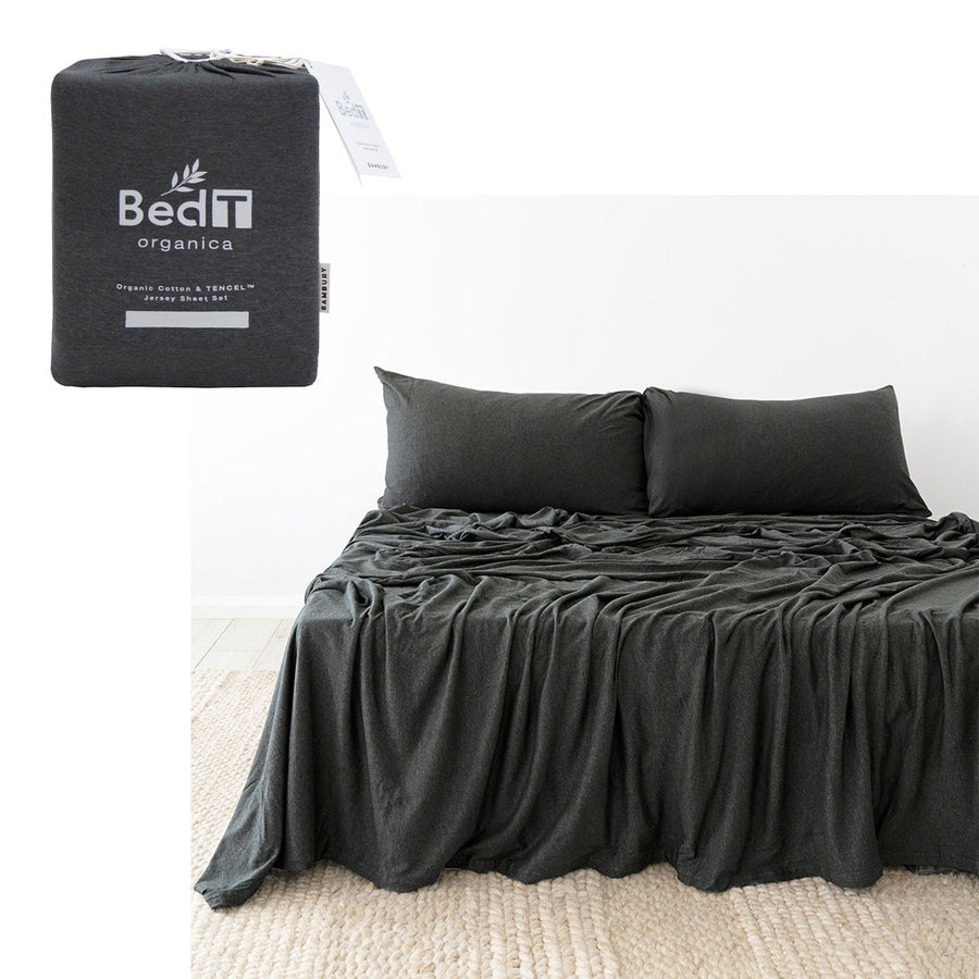 BedT Organica Jersey Cotton-Blend Sheet Set Charcoal Queen - 70% Organic Cotton, Breathable - SuperSaverAU - view 1