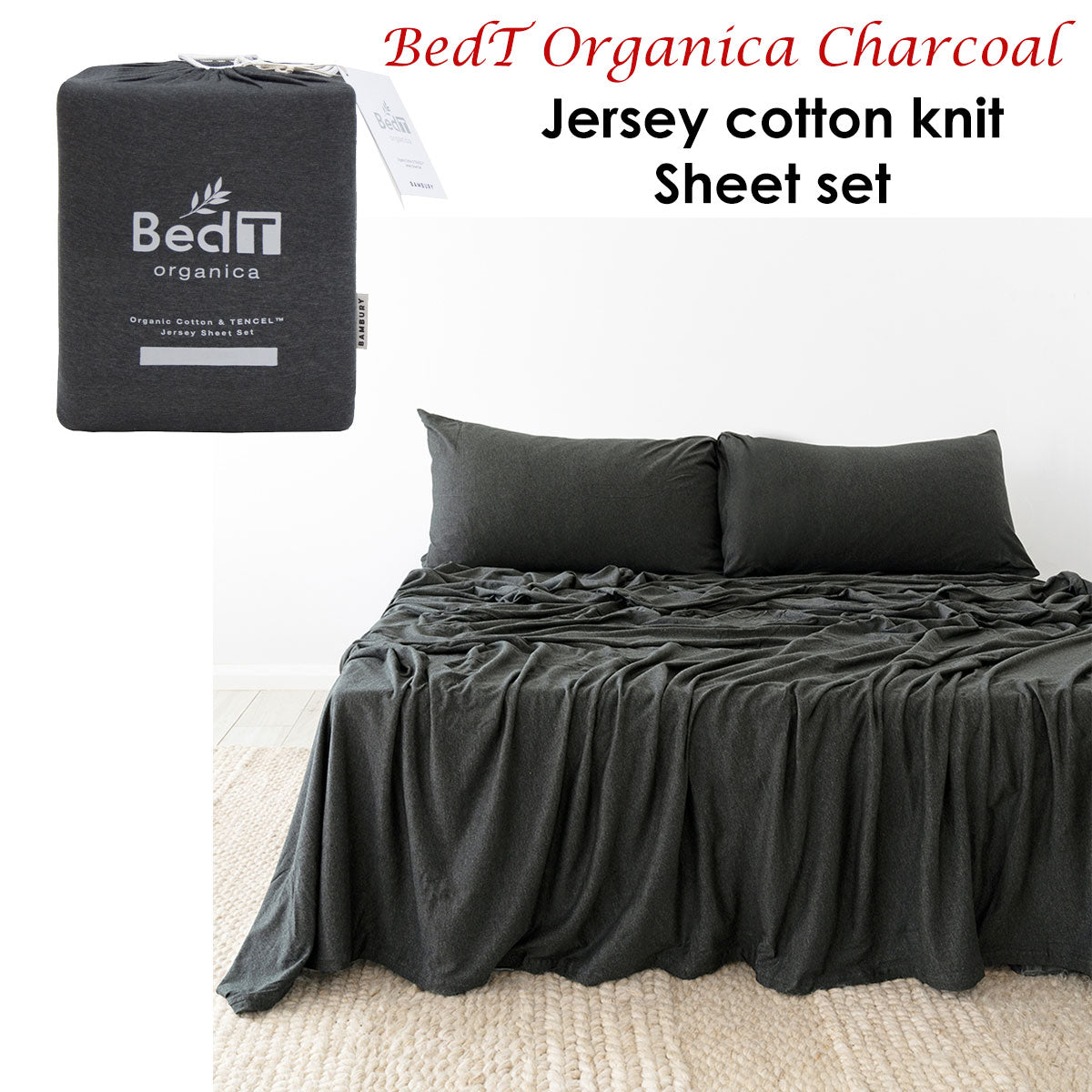 BedT Organica Jersey Cotton-Blend Sheet Set Charcoal Queen - 70% Organic Cotton, Breathable - SuperSaverAU - view 2