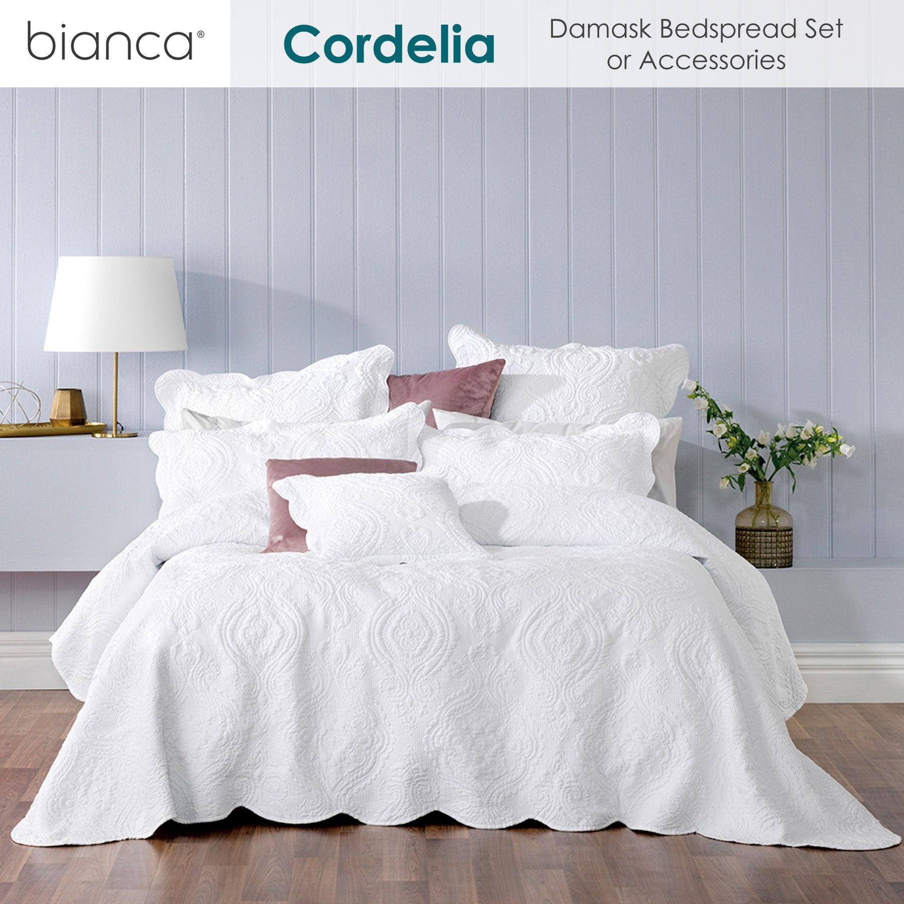 Bianca Elegance Cordelia Bedspread Set with Quilted Damask Design - White, King