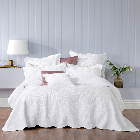 Bianca Elegance Cordelia Bedspread Set with Quilted Damask Design - White, Queen