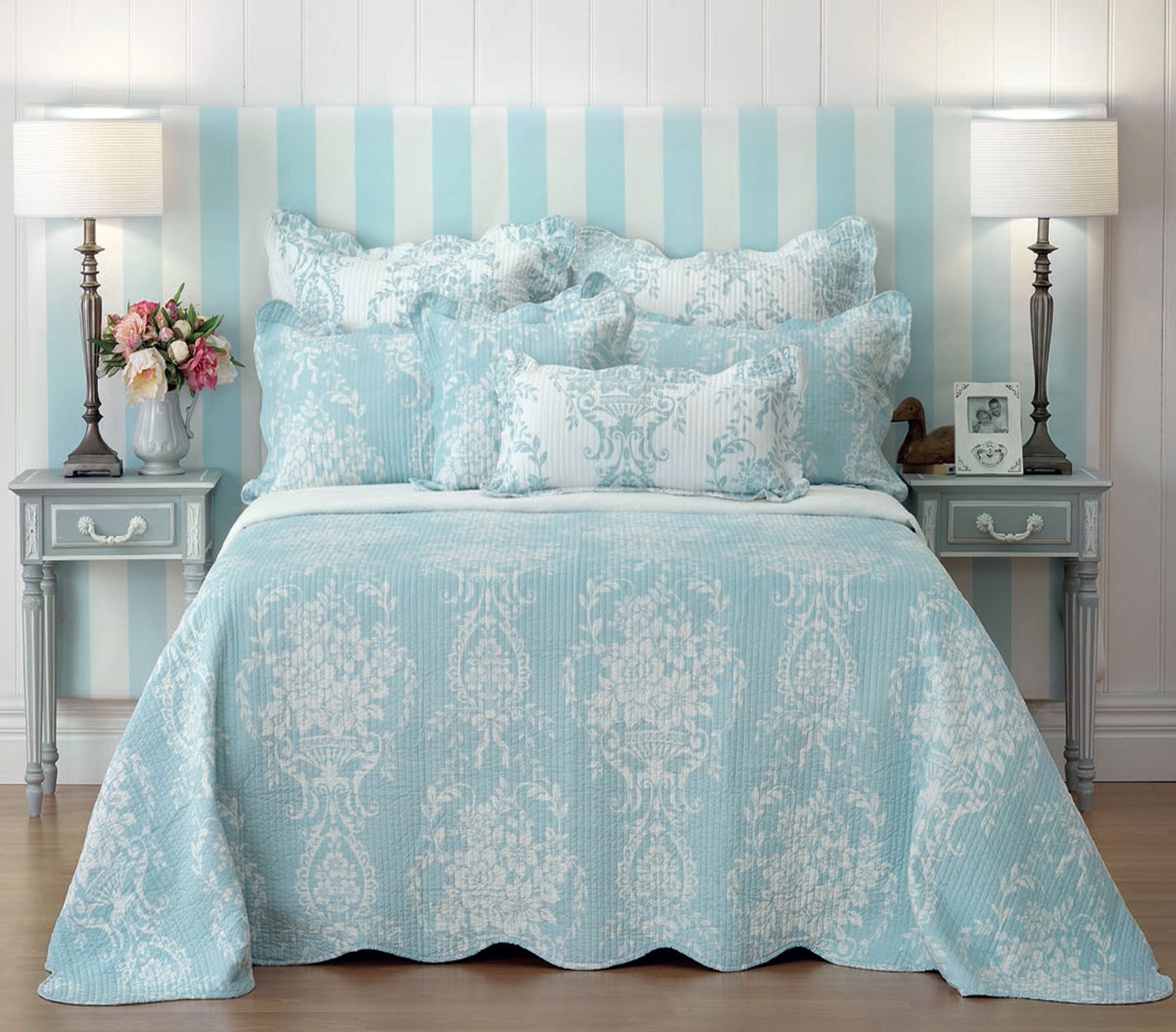 Bianca Florence Bedspread Set Queen - Scalloped Edge, Quilted Design, Blue - SuperSaverAU - view 1