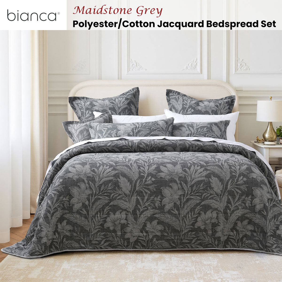Bianca Maidstone Grey Floral Bedspread Set King - Luxurious Jacquard - SuperSaverAU - view 2