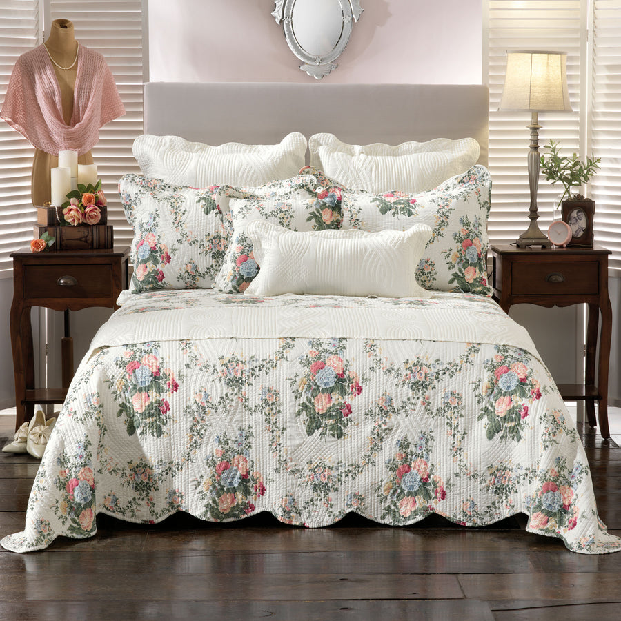 Bianca Rosedale Multi Bedspread Set Queen - Embossed Floral Design, Scalloped Edge Trim - SuperSaverAU - view 1