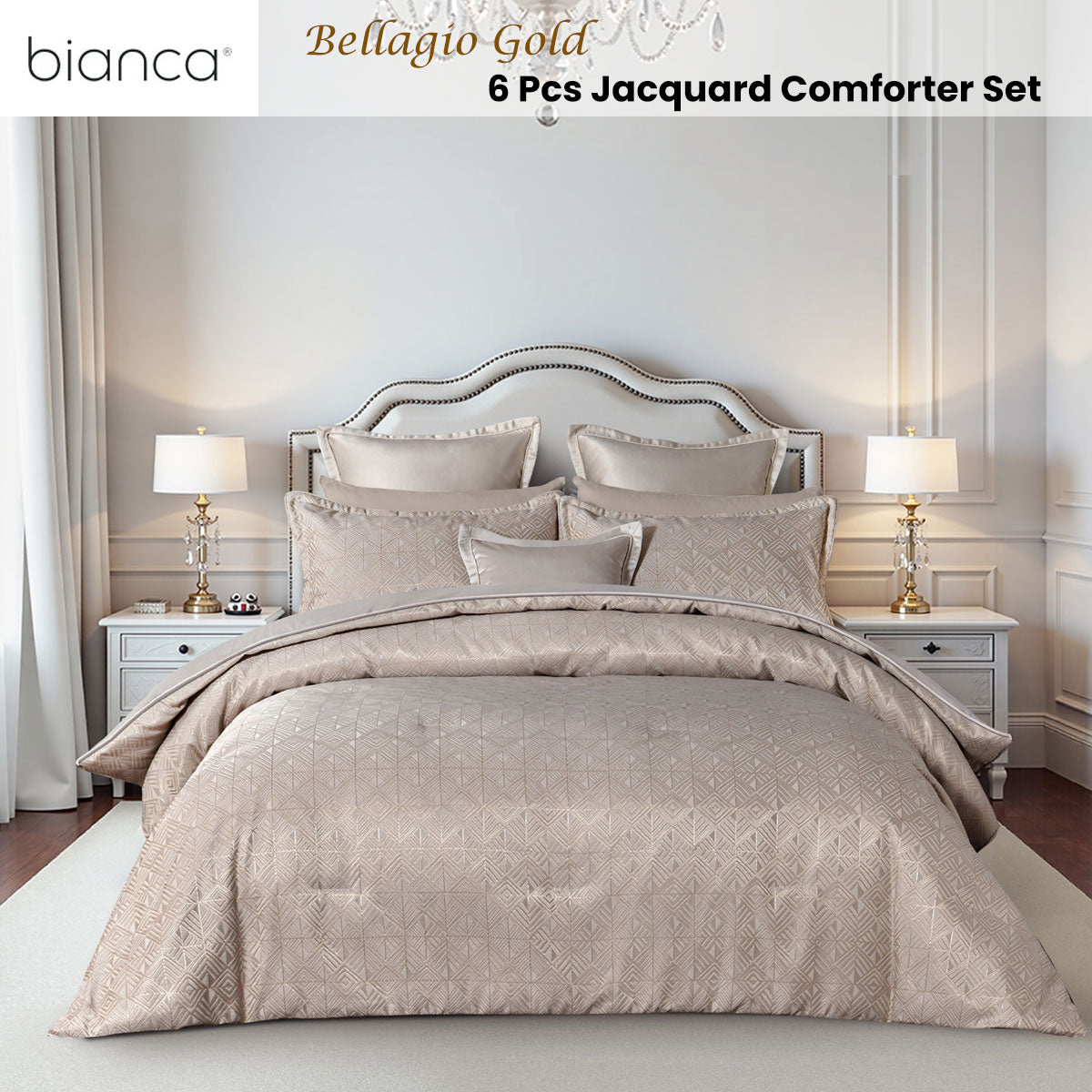 Bianca Bellagio Jacquard Geometric Comforter Set – Gold Queen/King 6 Piece