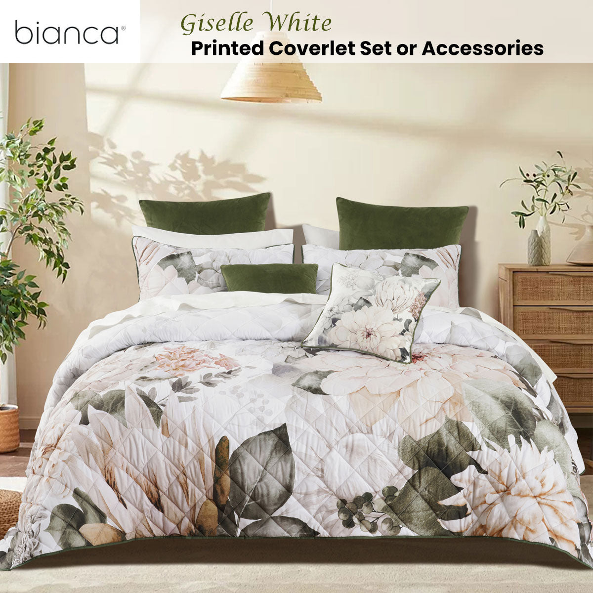 Bianca Giselle Printed Floral Coverlet Set – White Queen/King