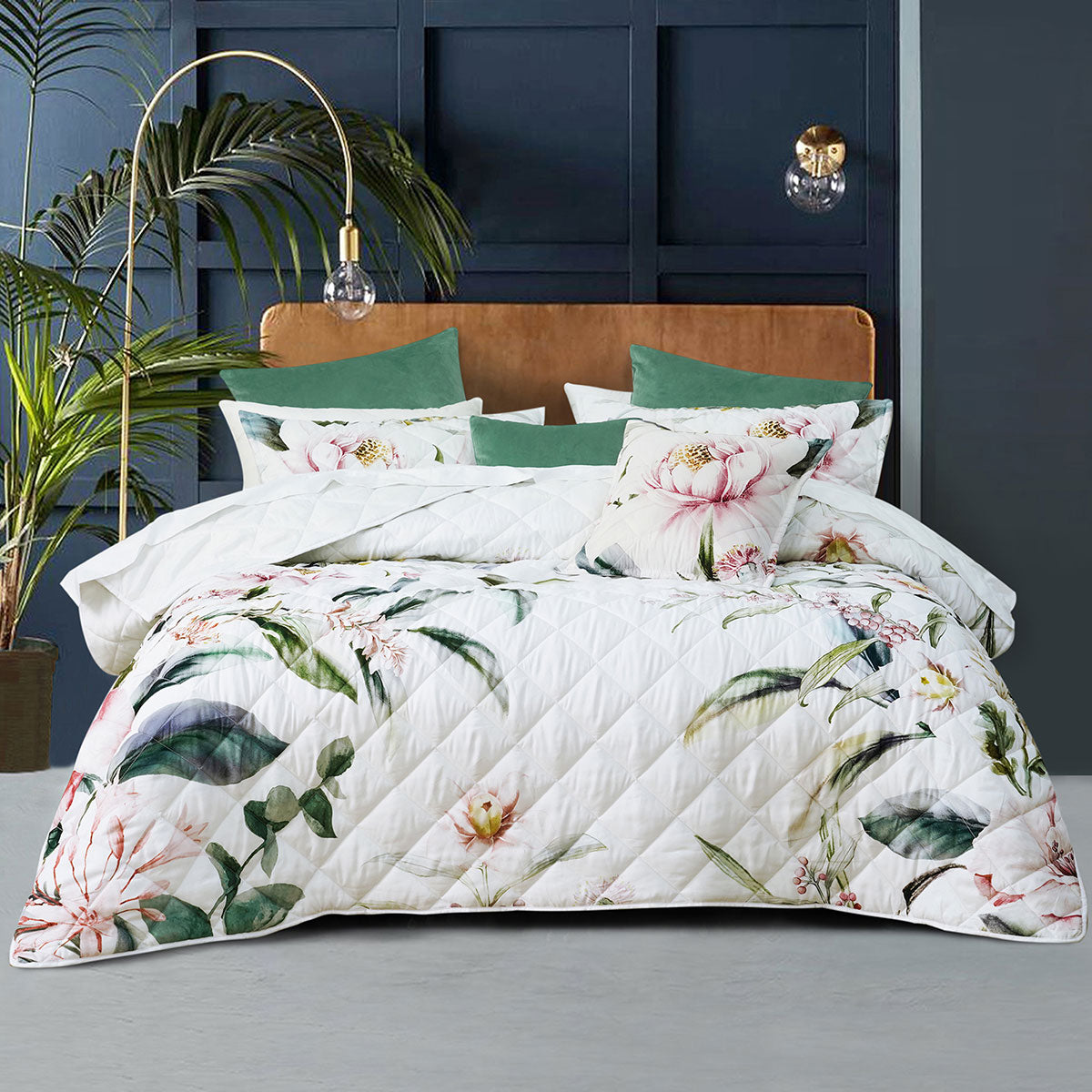Bianca Indi Polyester Quilted Coverlet Set with Floral Print - White, Queen/King