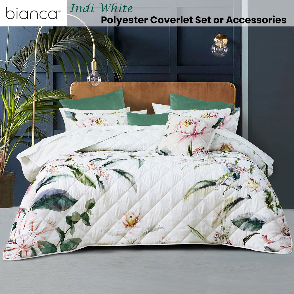 Bianca Indi Polyester Quilted Coverlet Set with Floral Print - White, Queen/King