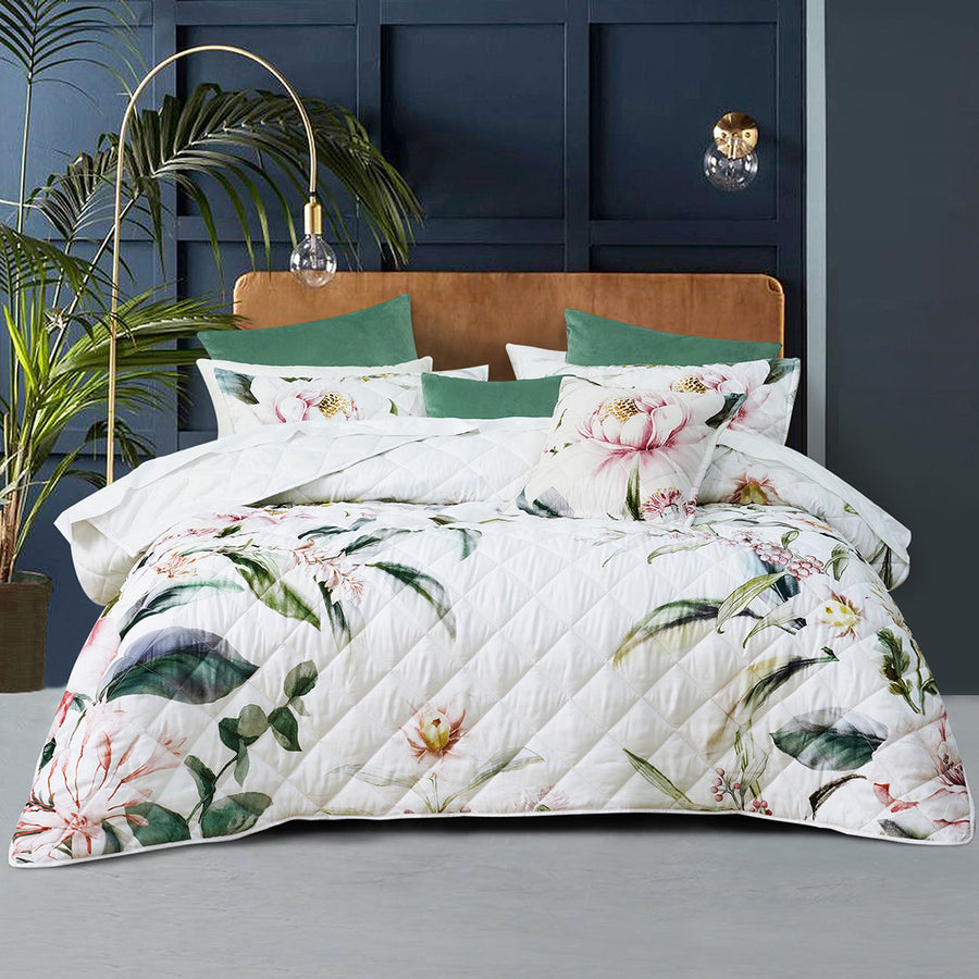 Bianca Indi Polyester Quilted Coverlet Set with Floral Print - White, Super King
