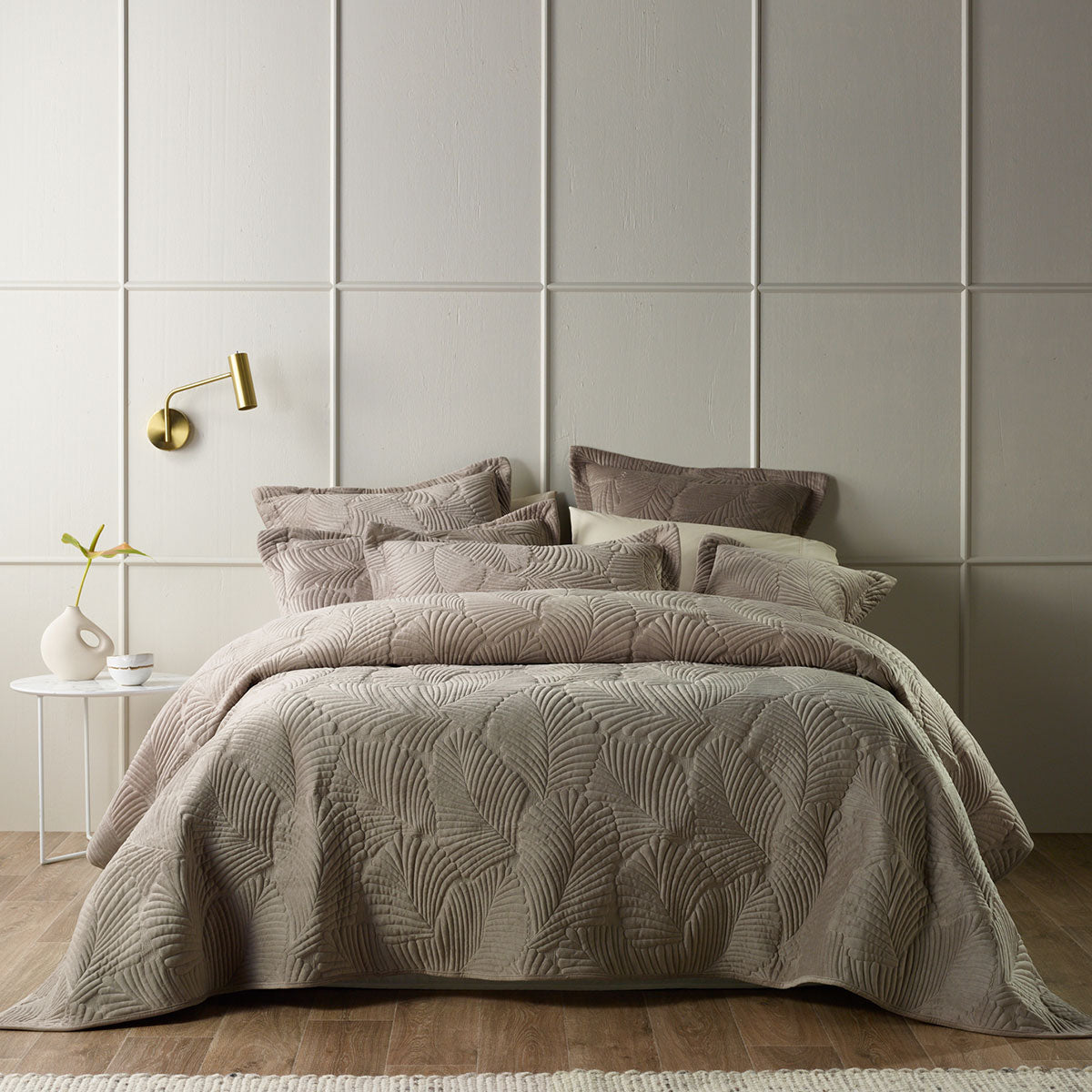 Bianca Kairo Taupe Velvet Coverlet Set - Queen/King, Quilted Leaf Design - SuperSaverAU - view 1