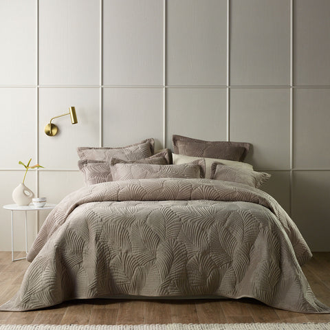 Bianca Kairo Taupe Velvet Coverlet Set - Queen/King, Quilted Leaf Design - SuperSaverAU - view 1