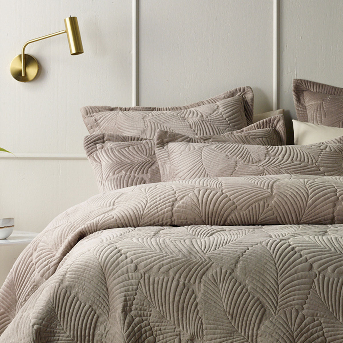 Bianca Kairo Taupe Velvet Coverlet Set - Queen/King, Quilted Leaf Design - SuperSaverAU - view 2