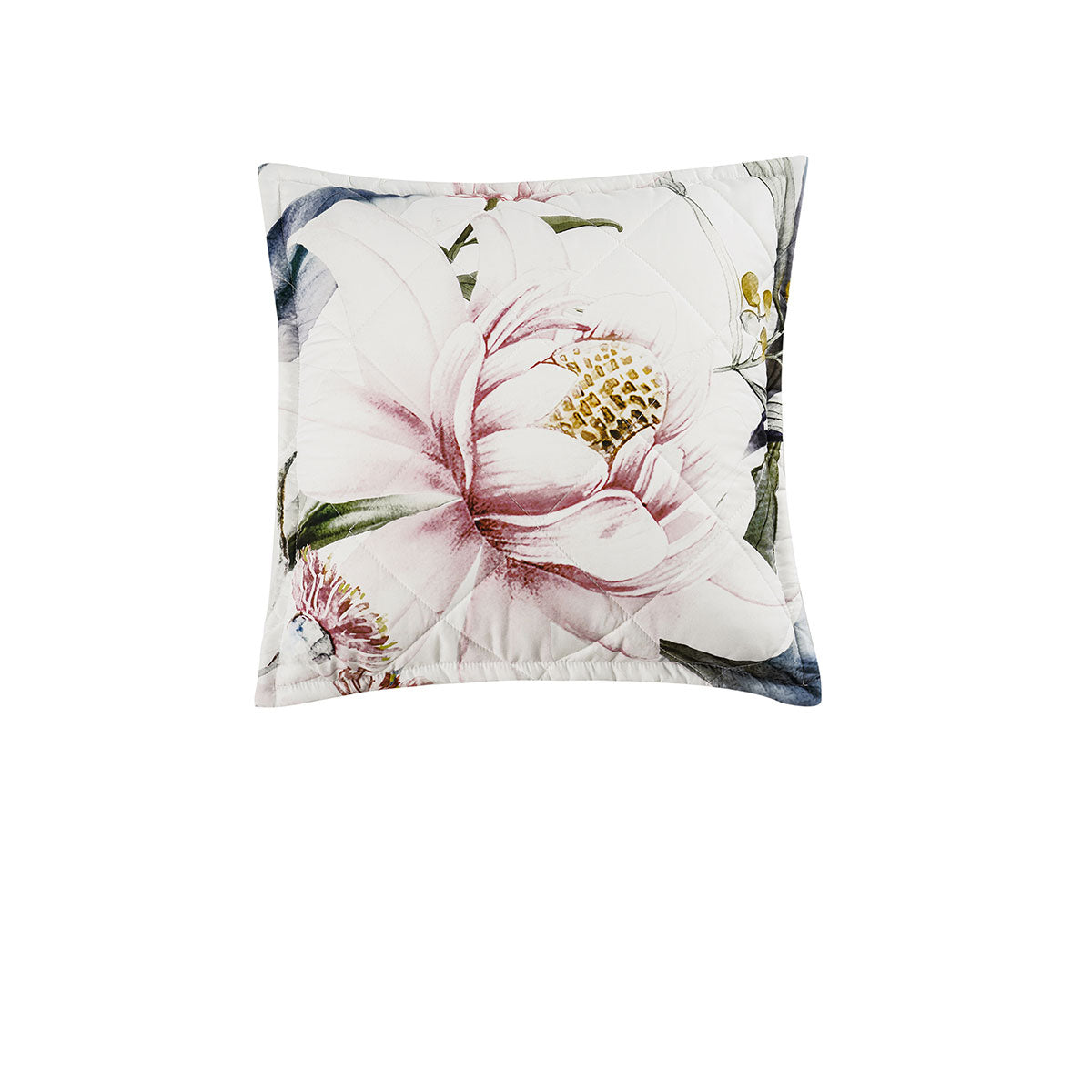 Bianca Indi Filled Cushion with Floral Print & Quilted Finish - White, 43 x 43cm
