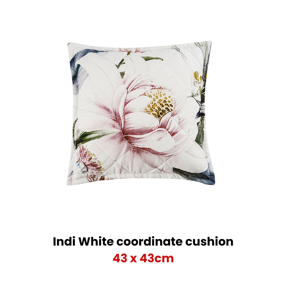 Bianca Indi Filled Cushion with Floral Print & Quilted Finish - White, 43 x 43cm