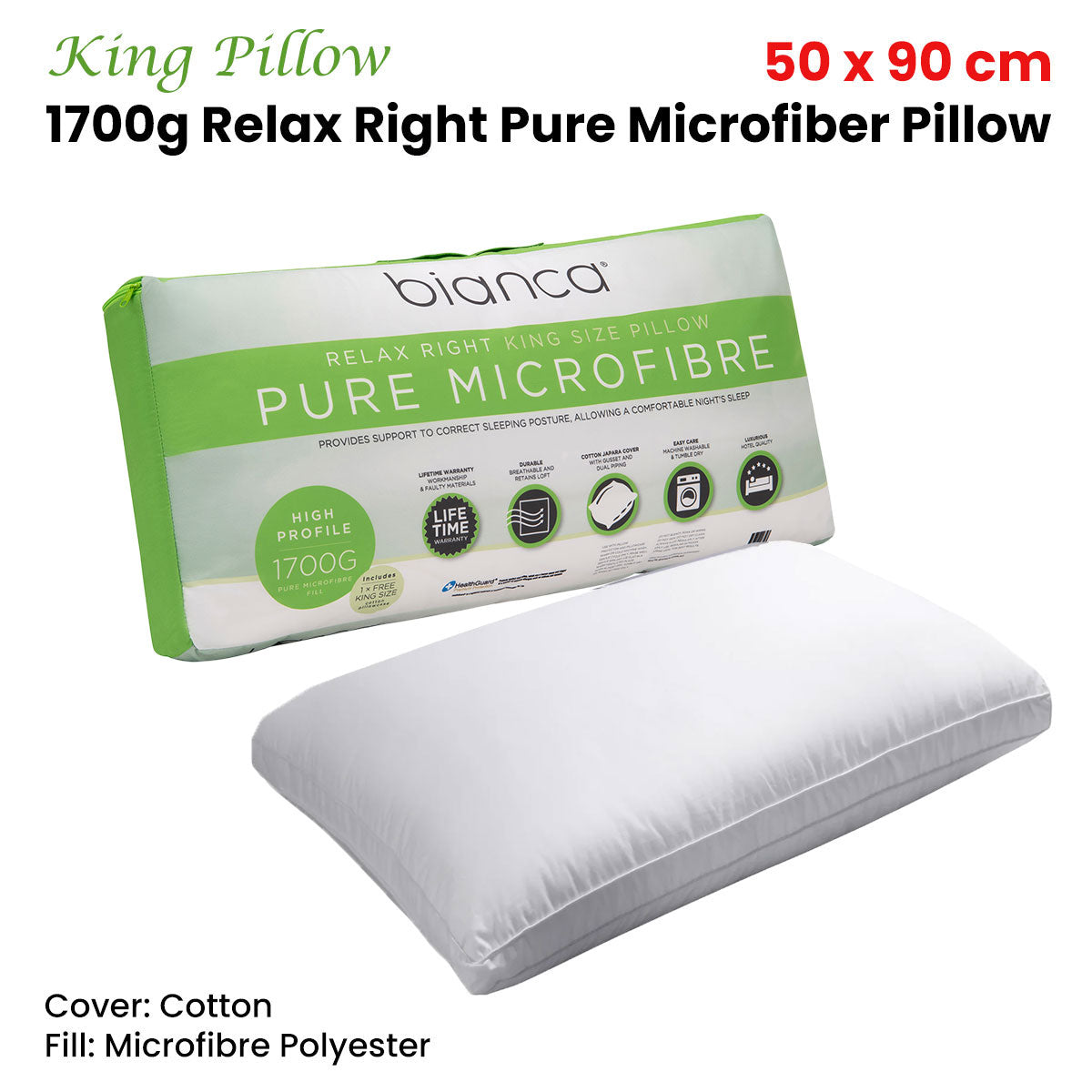 Bianca King Pillow 50 x 90cm, 1700g Microfiber, Health Guard Treatment - SuperSaverAU - view 1