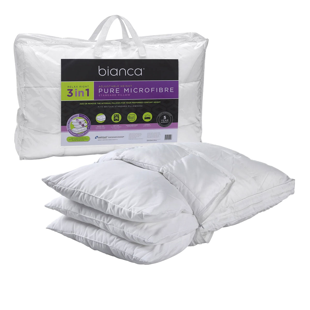 Bianca Relax Right Pure Microfiber 3 in 1 Adjustable Pillow 49 x 72cm - SuperSaverAU - view 1
