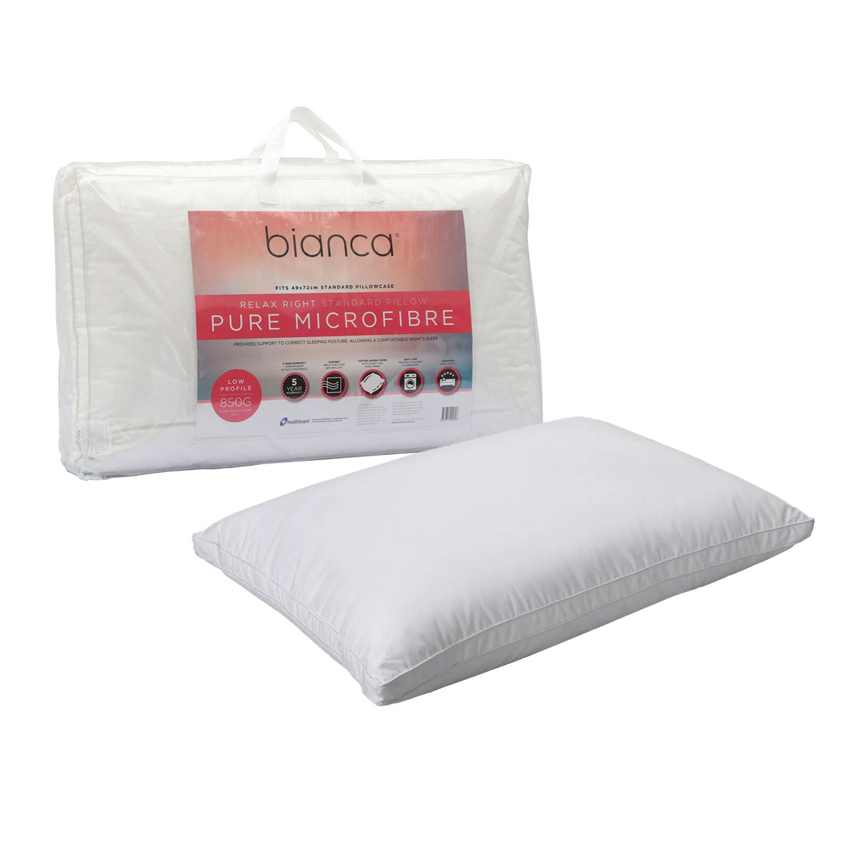 Bianca Relax Right Pure Microfiber Low Profile Pillow 49 x 72cm, Anti-Microbial - SuperSaverAU - view 1
