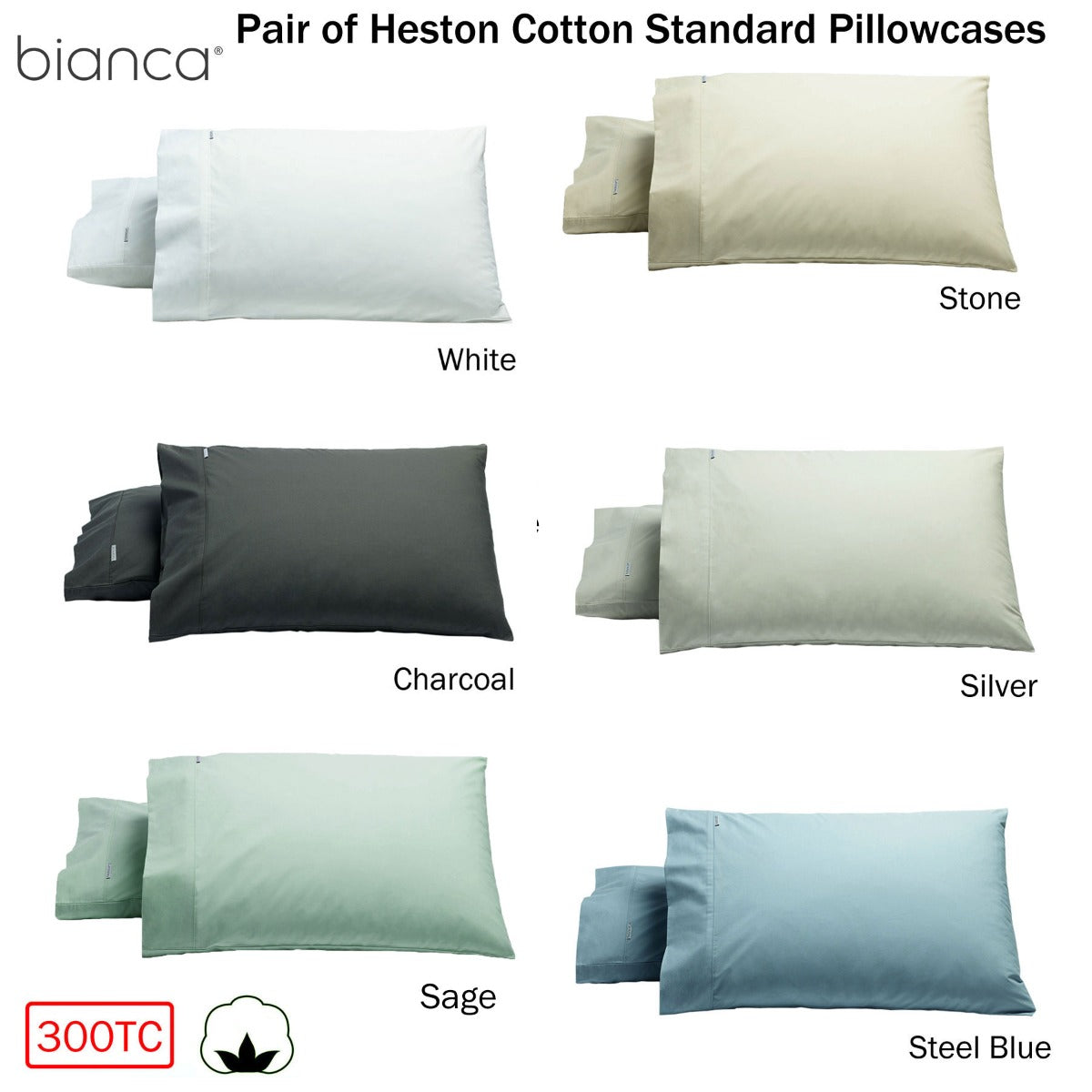 Bianca Heston Cotton Percale Standard Pillowcases 300TC Steel Blue - 2 Pack - SuperSaverAU - view 2