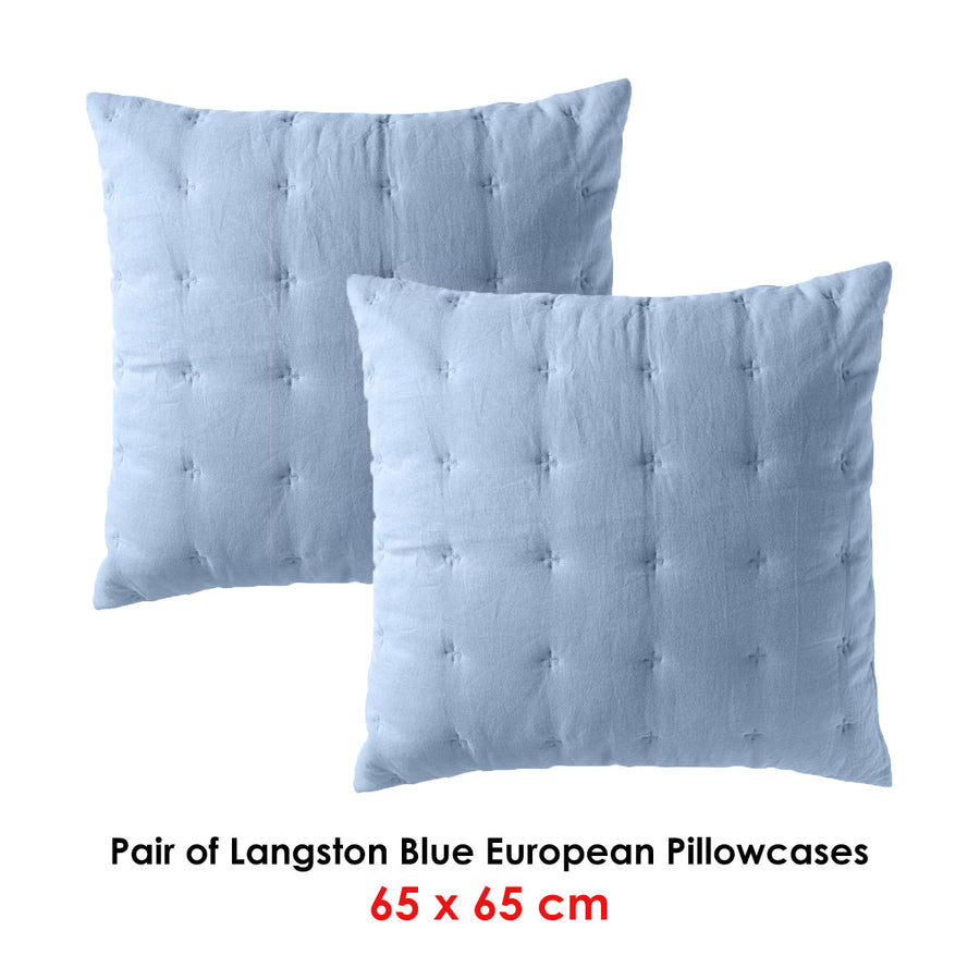 Bianca Langston Blue European Pillowcases, 65 x 65cm, Quilted Linen/Cotton - SuperSaverAU - view 1