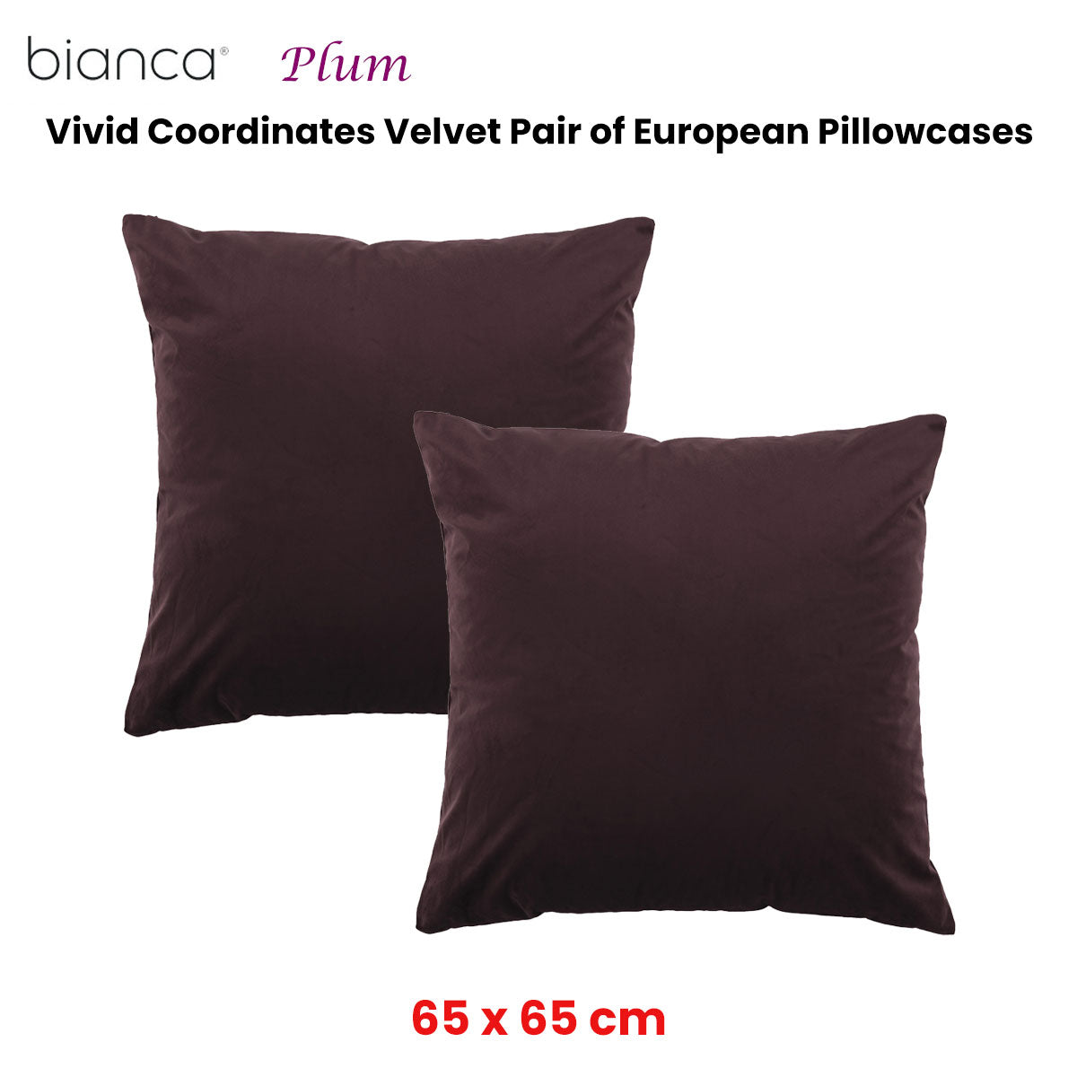 Bianca Vivid Coordinates Velvet European Pillowcases - Plum, 65 x 65cm Pair