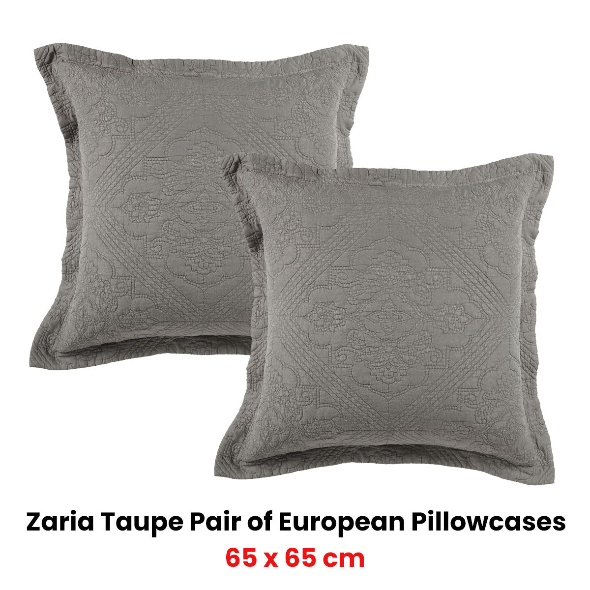 Bianca Zaria Embroidered European Pillowcases - Taupe, 65 x 65cm Pair