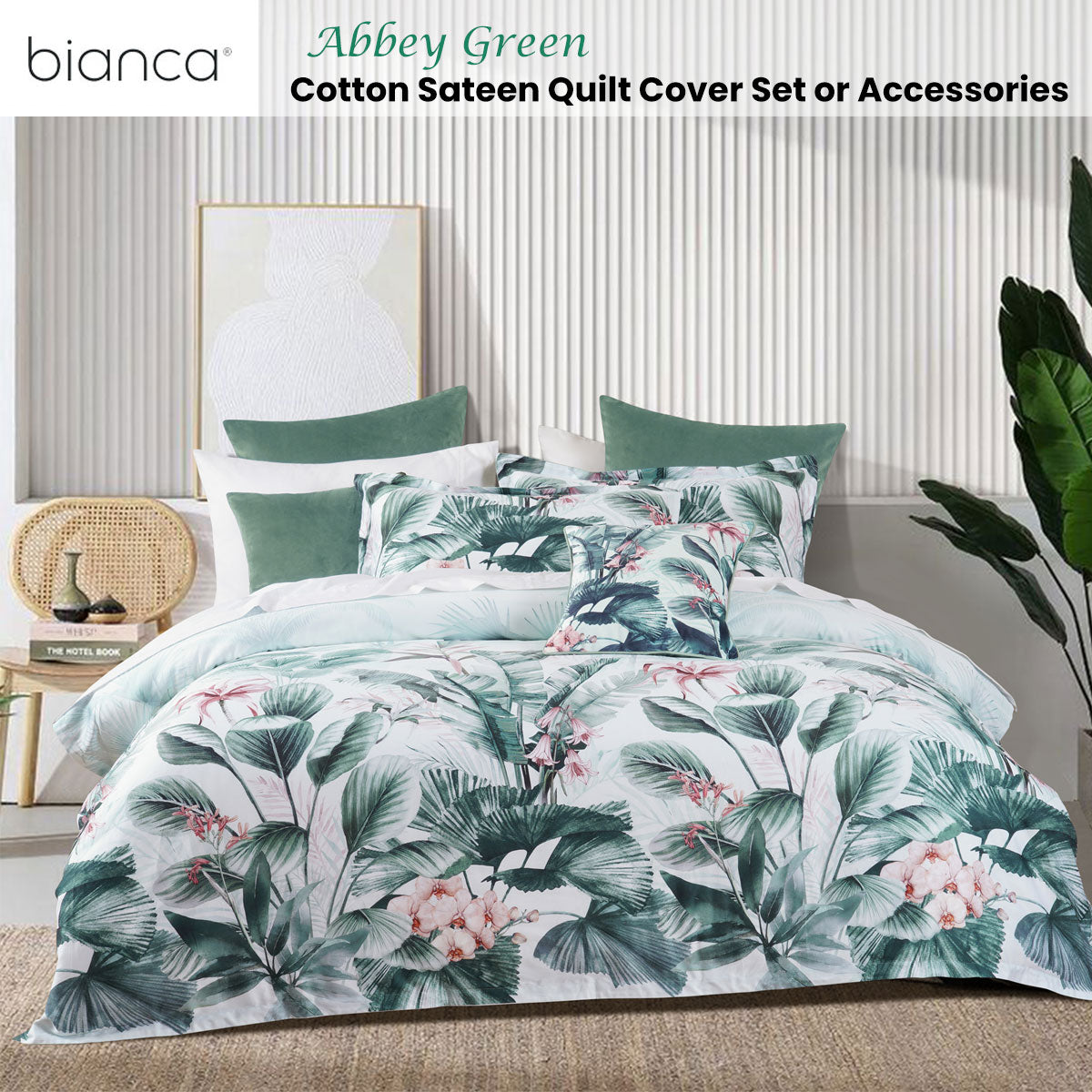 Bianca Abbey Green Cotton Sateen Tropical Floral Quilt Cover Set – King