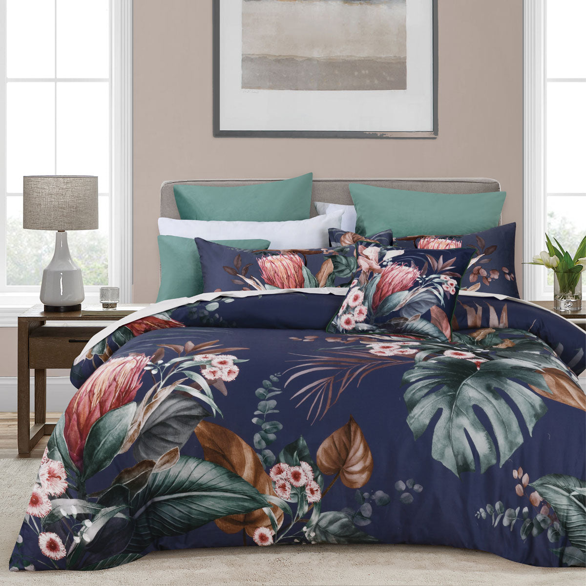 Bianca Balwyn Navy Cotton Sateen Botanical Quilt Cover Set – Queen