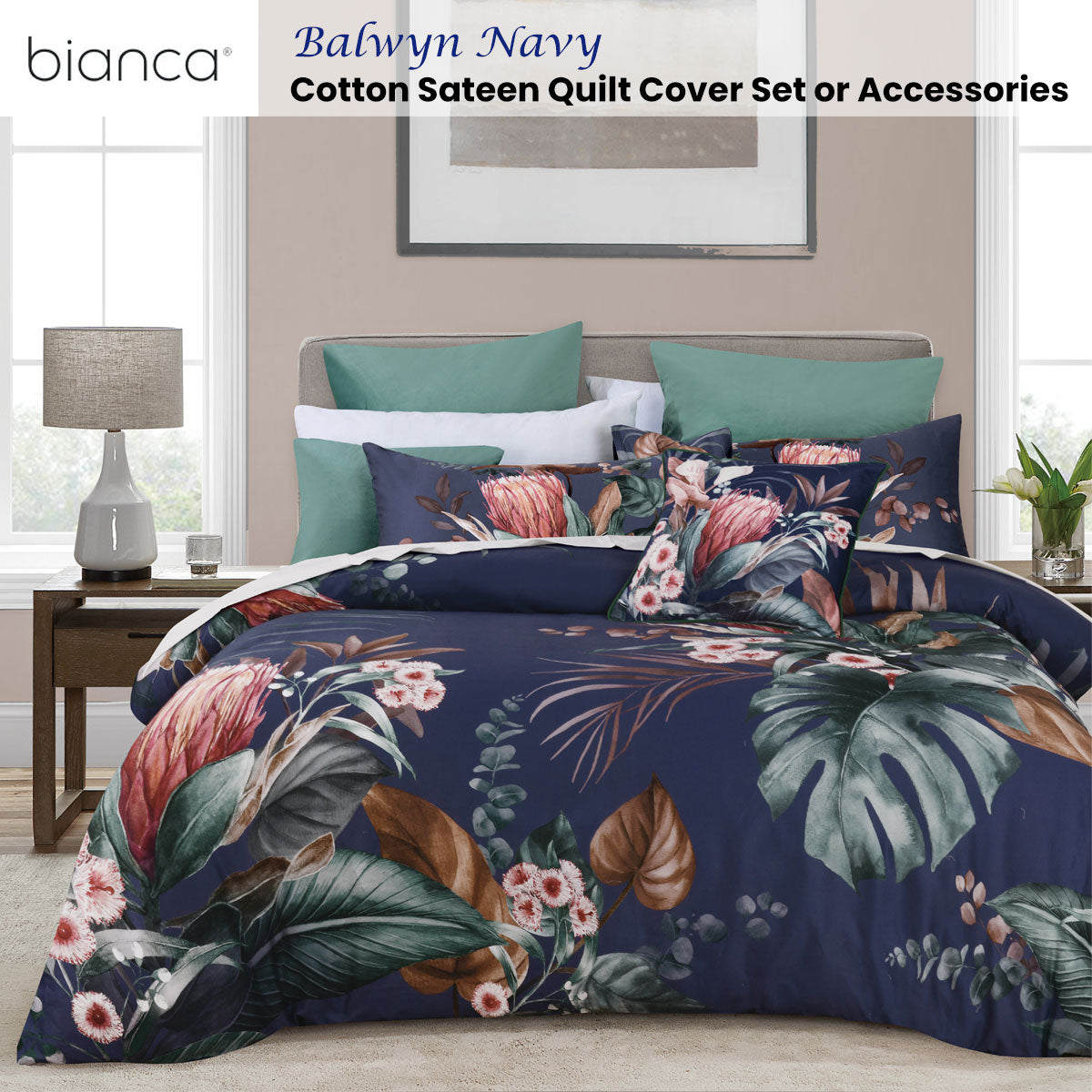 Bianca Balwyn Navy Cotton Sateen Botanical Quilt Cover Set – Queen