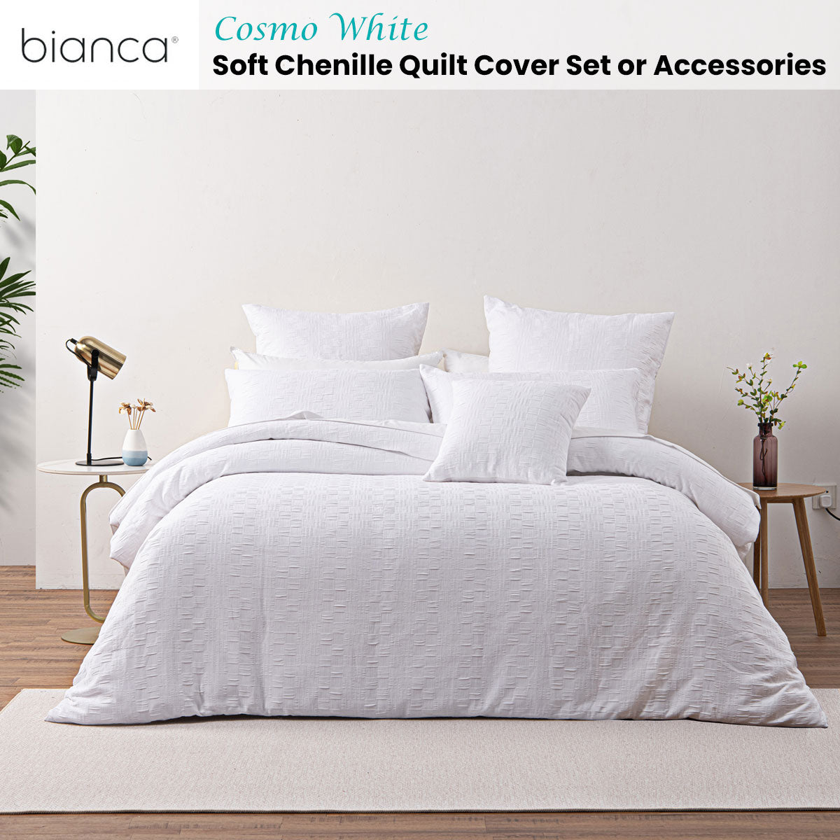 Bianca Cosmo Chenille Geometric Quilt Cover Set - White, King