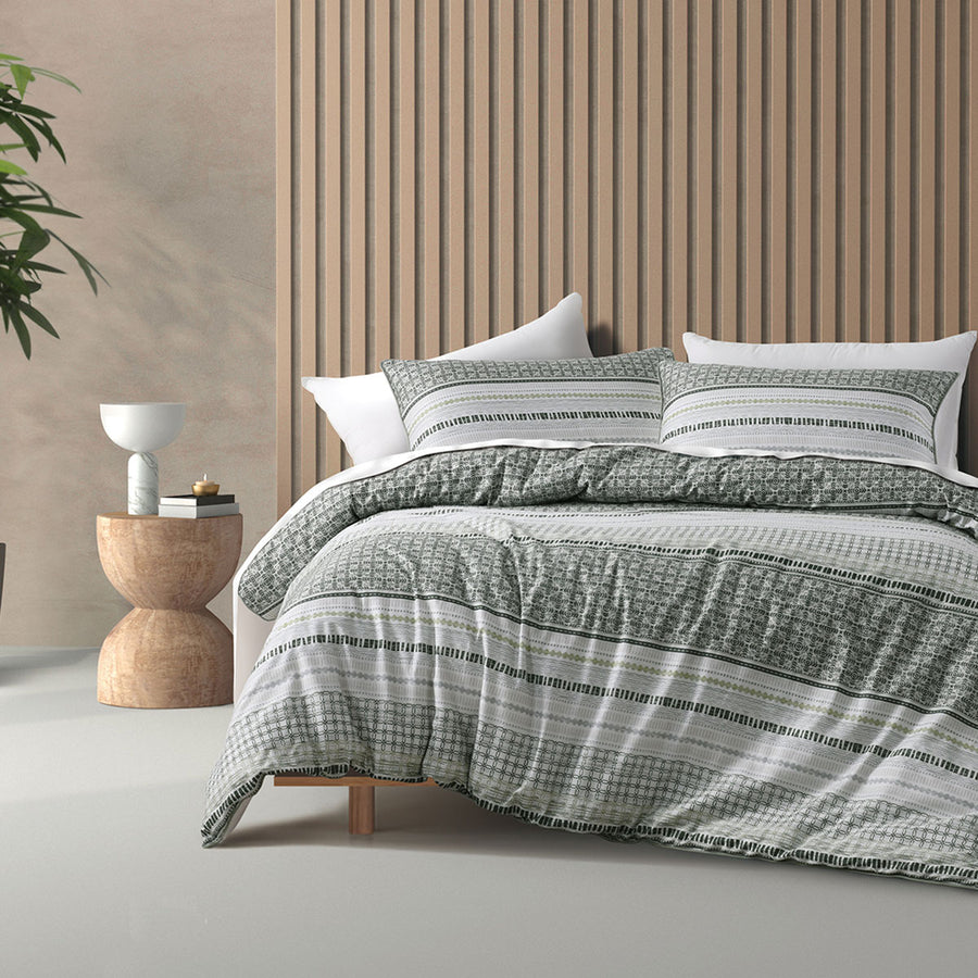 Bianca Drake Cotton Sateen Quilt Cover Set with Geometric Print - Green, King