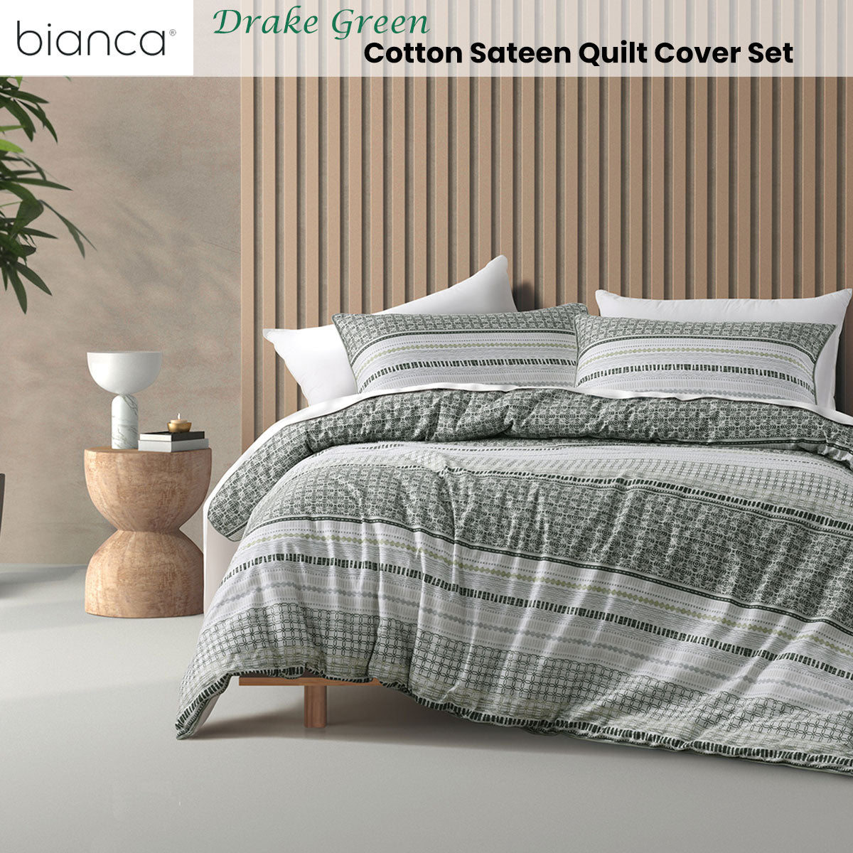 Bianca Drake Cotton Sateen Quilt Cover Set with Geometric Print - Green, King