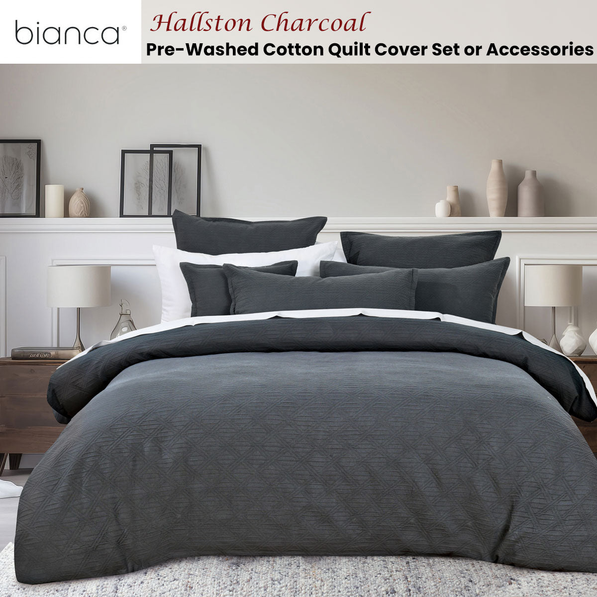 Bianca Hallston Charcoal Pre-Washed Cotton Quilt Cover Set – Queen