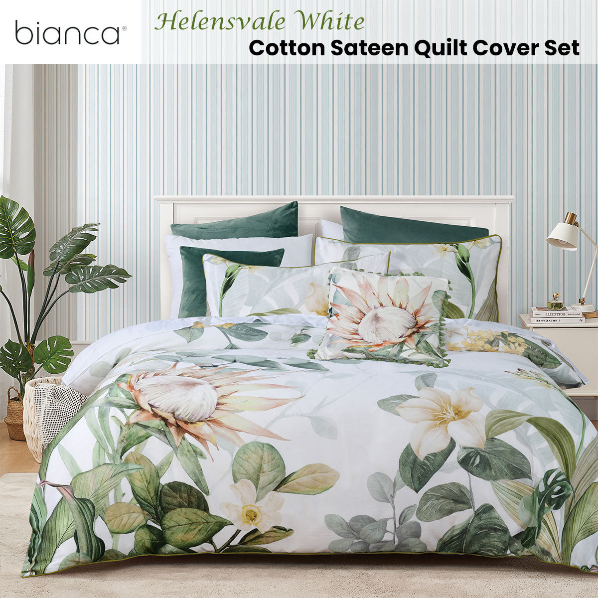 Bianca Helensvale White Floral Quilt Cover Set Queen - Cotton Sateen