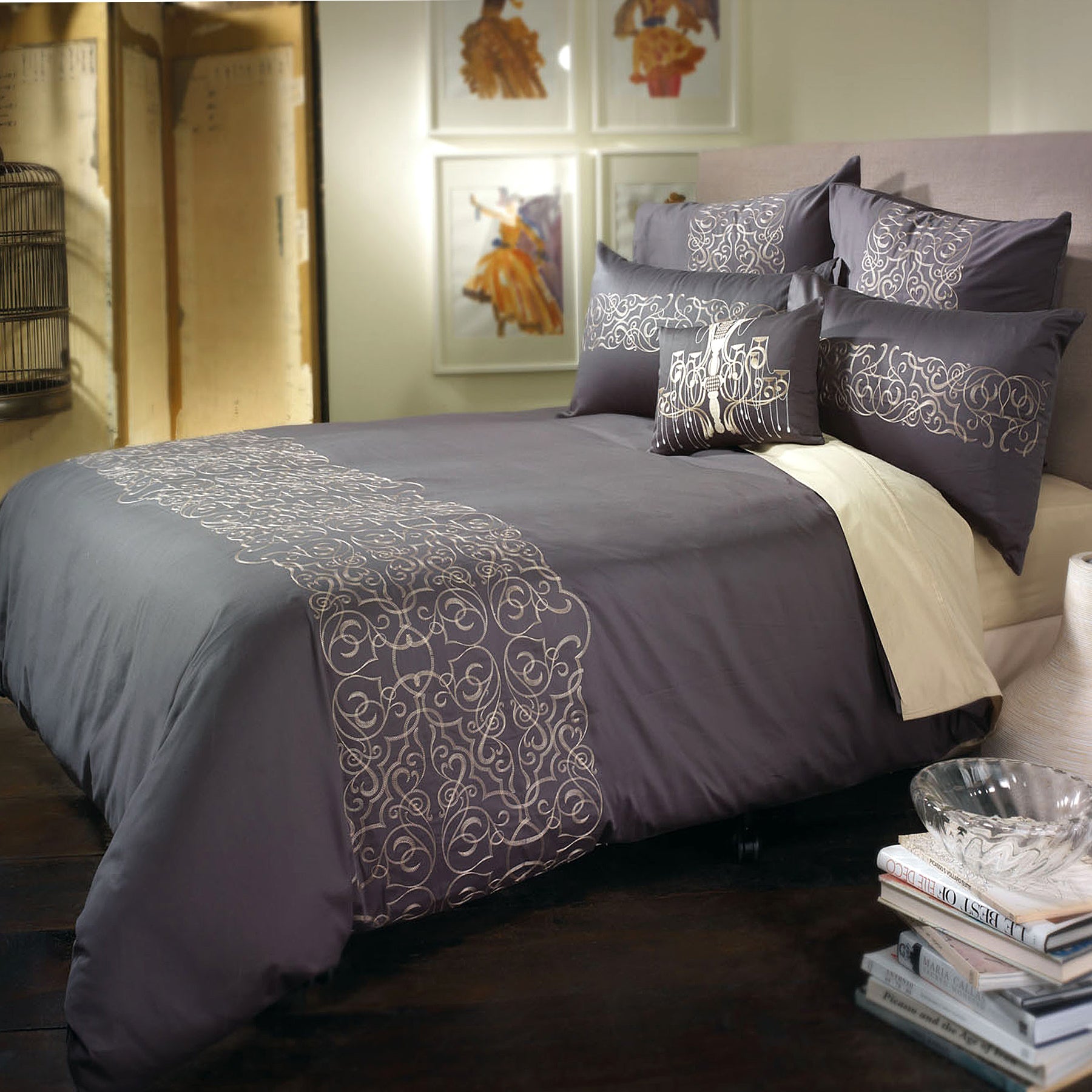 Bianca Maddox Charcoal Quilt Cover Set Queen - Cotton Sateen, Gold Embroidery - SuperSaverAU - view 1