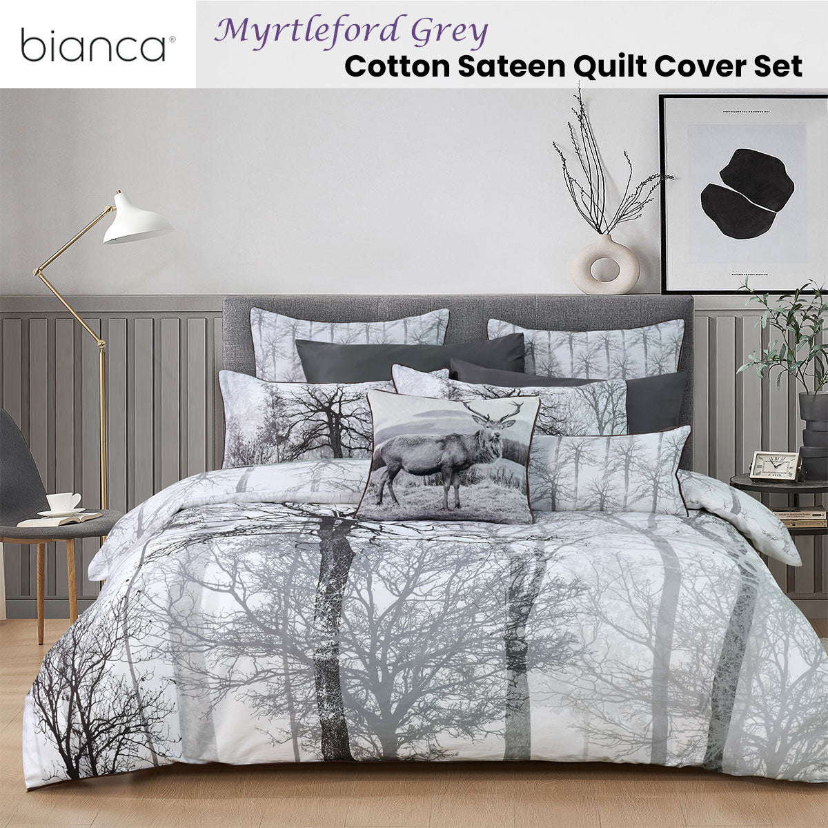 Bianca Myrtleford Grey Quilt Cover Set Queen - Cotton Sateen