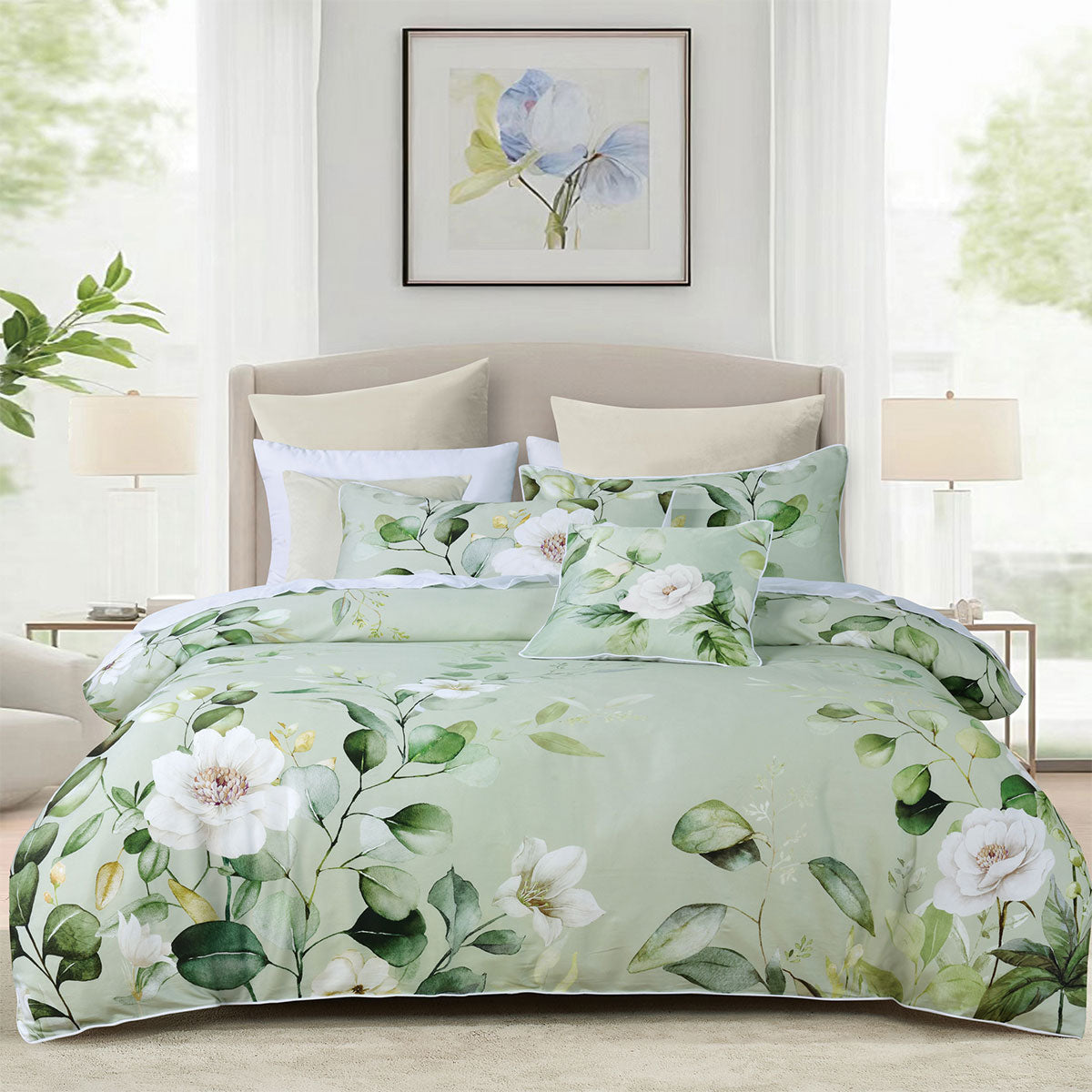Bianca Sage Floral Cotton Sateen Quilt Cover Set Queen