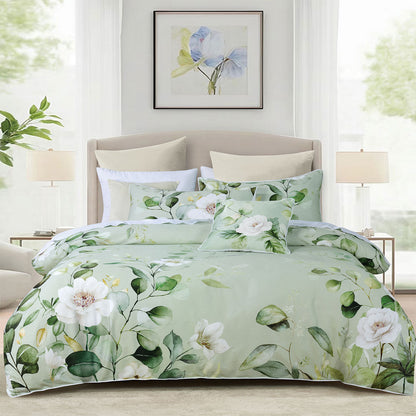Bianca Sage Floral Cotton Sateen Quilt Cover Set Queen