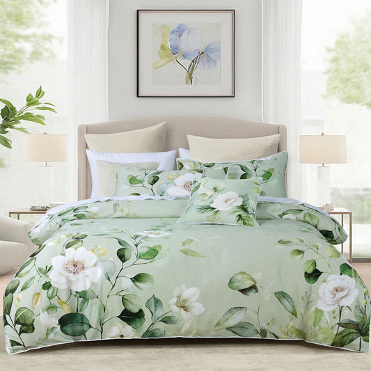 Bianca Sage Floral Cotton Sateen Quilt Cover Set Queen