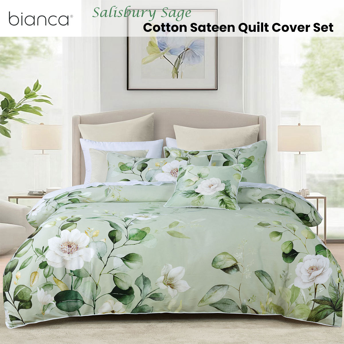 Bianca Sage Floral Cotton Sateen Quilt Cover Set Queen