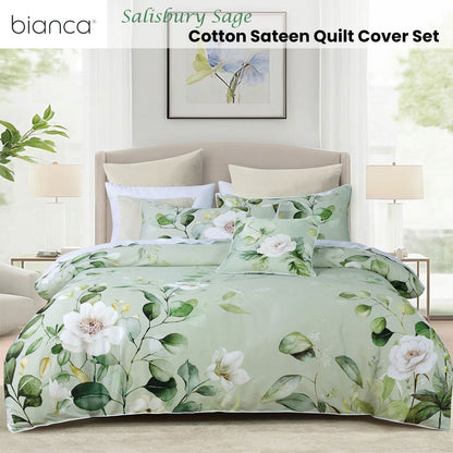 Bianca Sage Floral Cotton Sateen Quilt Cover Set Queen