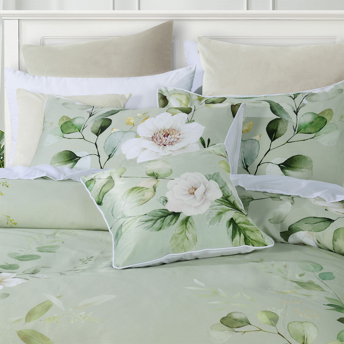 Bianca Sage Floral Cotton Sateen Quilt Cover Set Queen