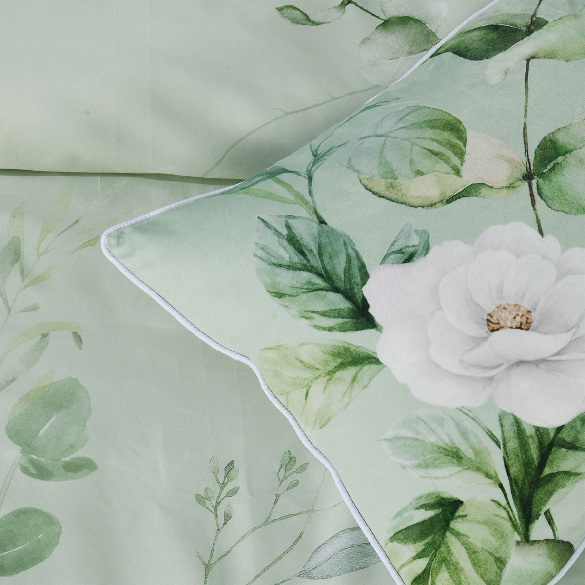 Bianca Sage Floral Cotton Sateen Quilt Cover Set Queen