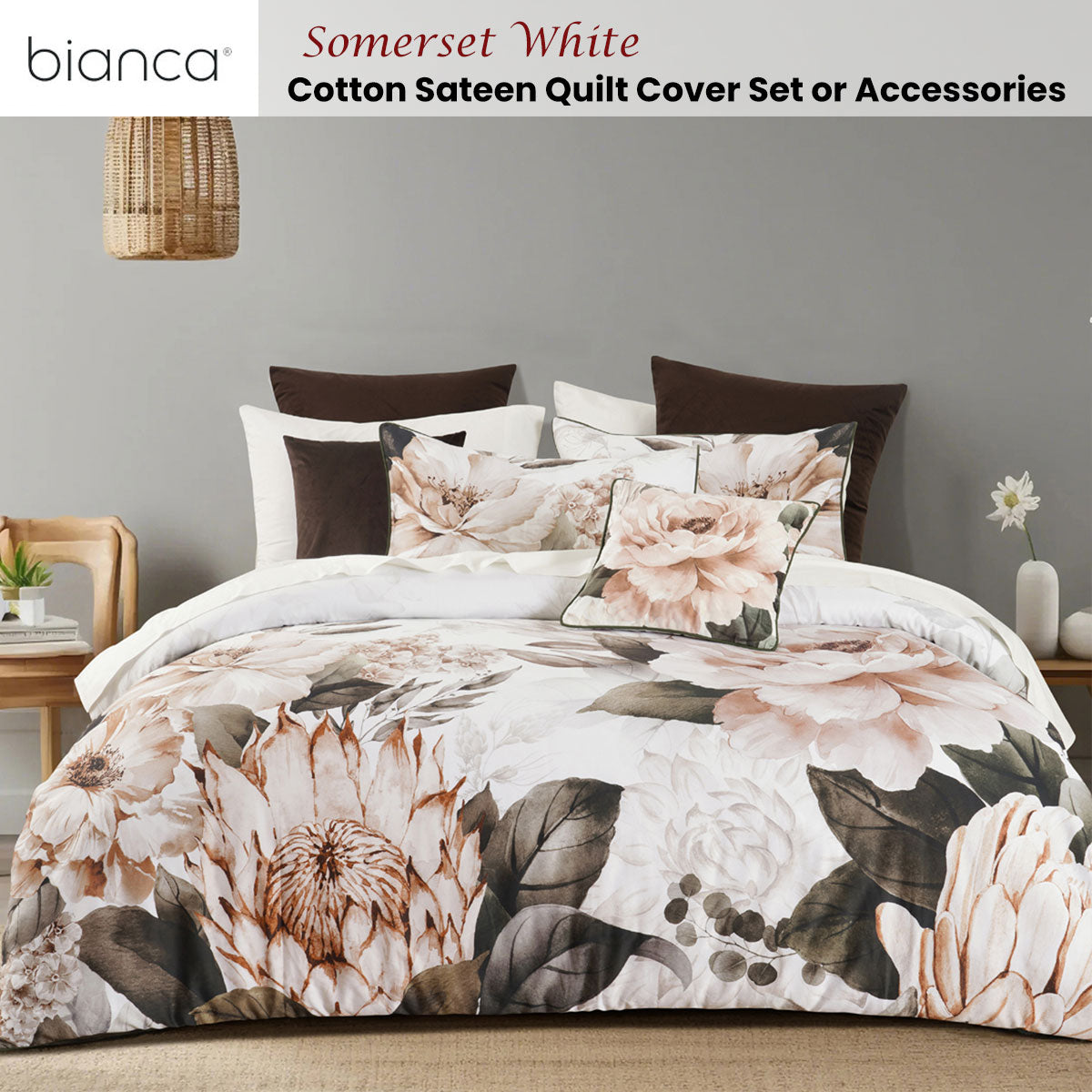 Bianca Somerset White Cotton Sateen Floral Quilt Cover Set – King