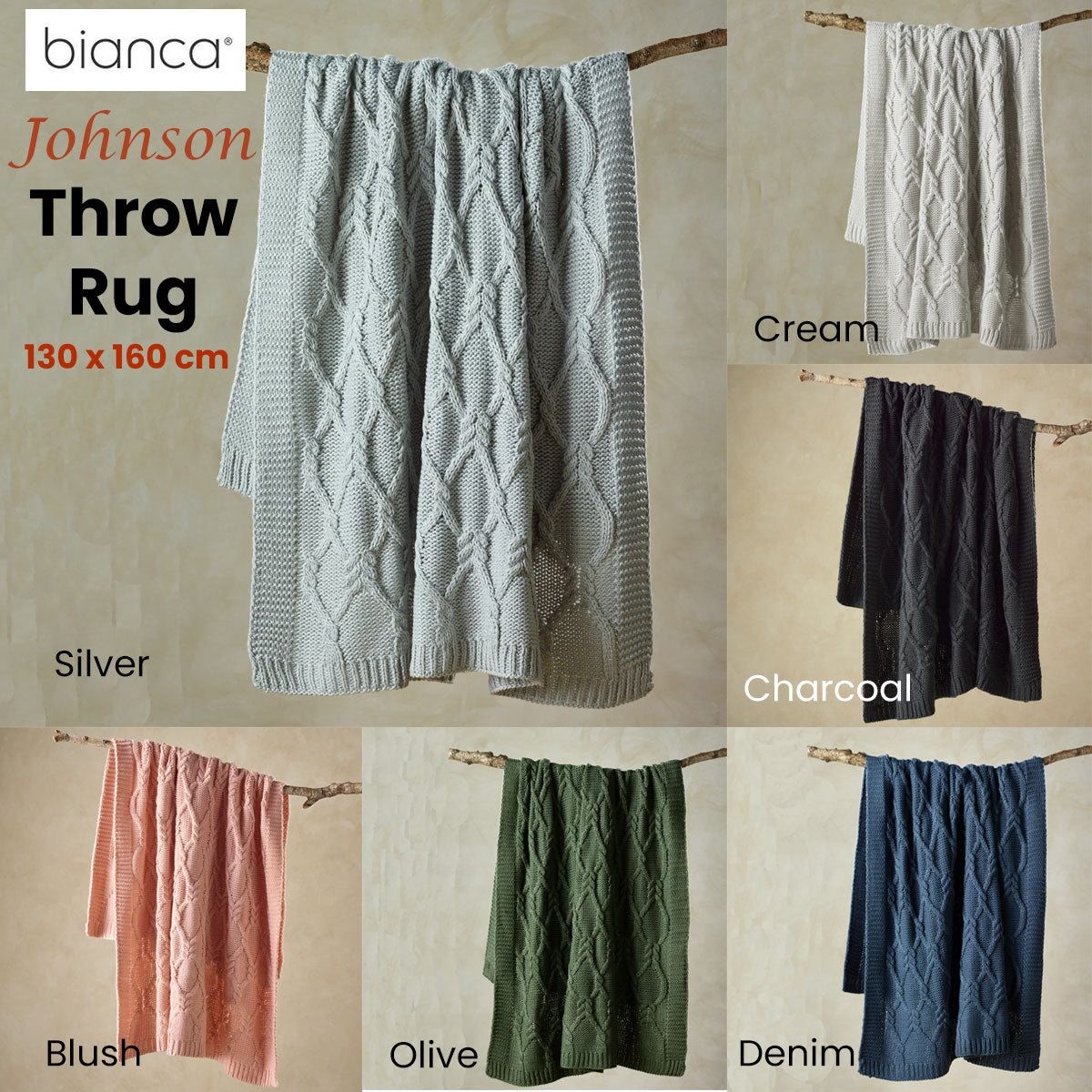 Bianca Johnson Knitted Throw Rug 130 x 160 cm - Soft Acrylic, Machine Washable, Blush - SuperSaverAU - view 2
