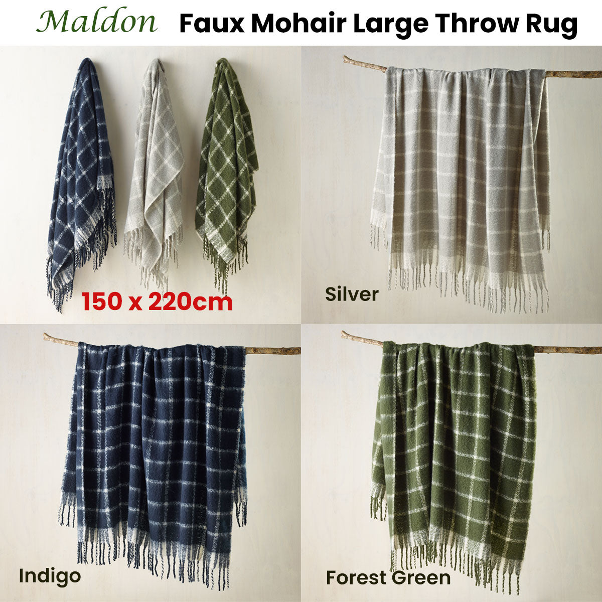 Bianca Faux Mohair Large Throw Rug 150 x 220 cm - Gingham Design, Forest Green