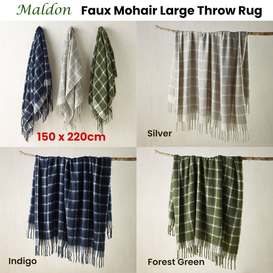 Bianca Faux Mohair Large Throw Rug 150 x 220 cm - Gingham Design, Forest Green