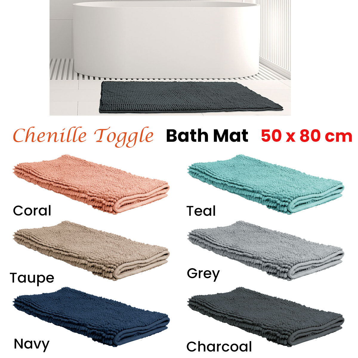 Chenille Toggle Bath Mat 50 x 80cm Teal - Ultra Absorbent, Fast Drying - SuperSaverAU - view 2