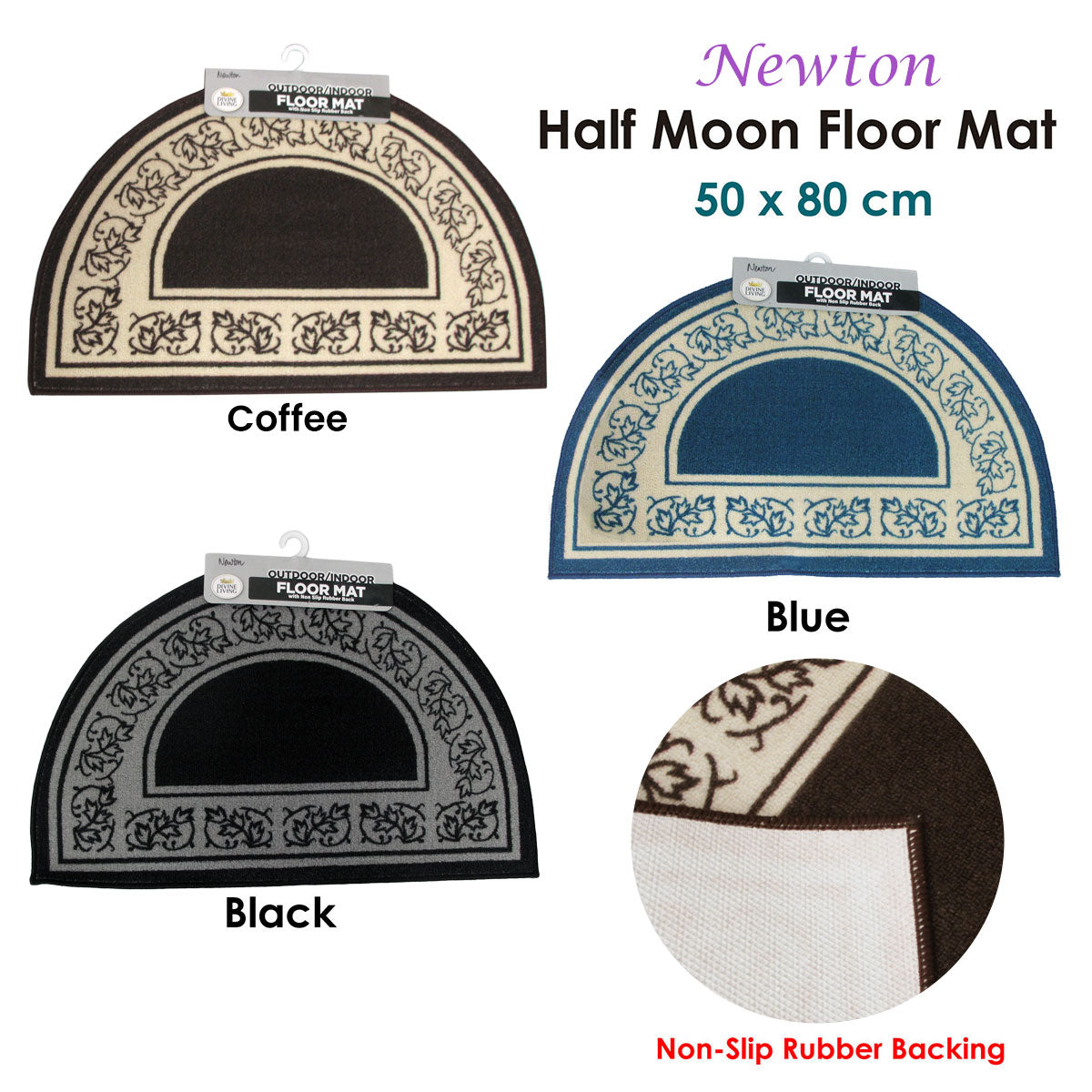Newton Half Moon Floor Mat 50 x 80cm - Black, Non-Skip Rubber Backing